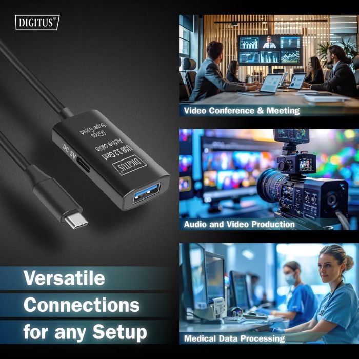 Подовжувач DIGITUS USB 3.2 Gen1 Active Cable 5G, C/M-A/F, 5м, чорний