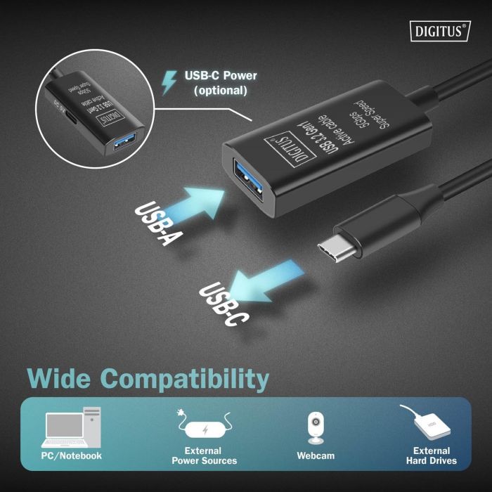 Подовжувач DIGITUS USB 3.2 Gen1 Active Cable 5G, C/M-A/F, 10м, чорний