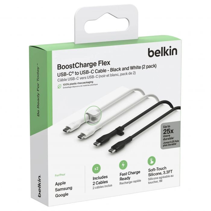 Кабель USB-C > USB-C заряджання/синхронізації Belkin 1м, 60Вт, Type-C, силіконовий з кліпсою (2 Pack) чорний/білий