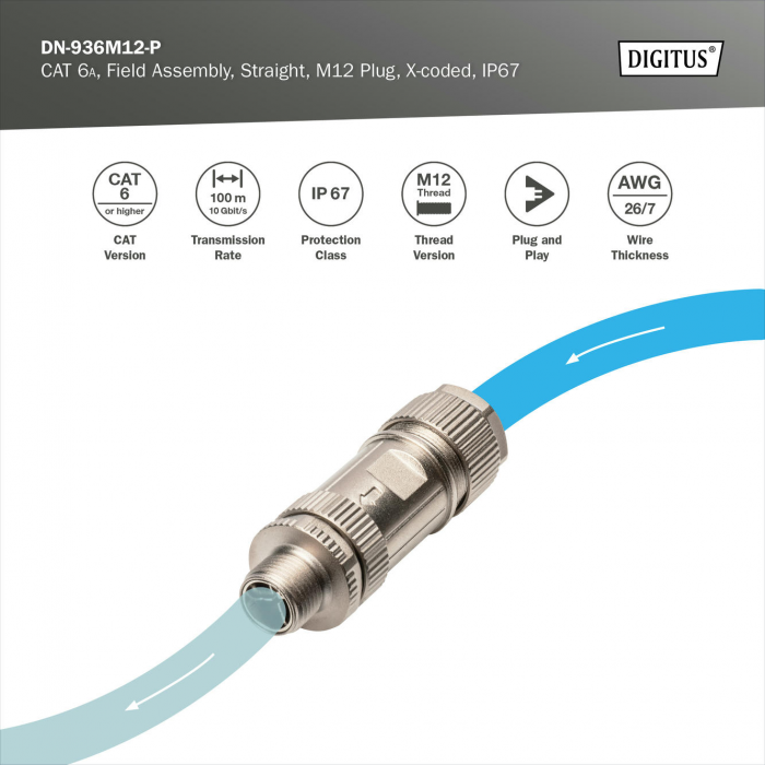 Конектор DIGITUS CАТ 6A M12 M, X-coded, STP, IP67