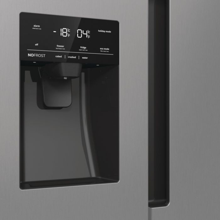 Холодильник SBS Gorenje, 179х70х92см, 2 двері, 376(190)л, А++, NF+, Інв., Зона св-ті, диспенсер, генератор льоду, Зовн. Диспл, нерж