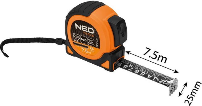 Рулетка Neo Tools Super Black, 7.5мx25мм, з фіксатором змотування, магніт