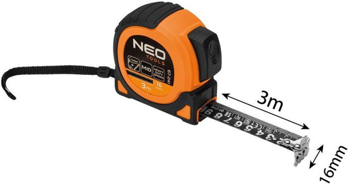 Рулетка Neo Tools Super Black, 3мx16мм, з фіксатором змотування, магніт