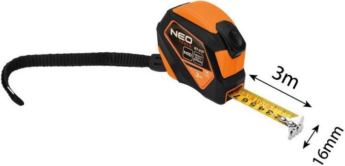 Рулетка Neo Tools, 3мx16мм, з фіксатором змотування, магніт