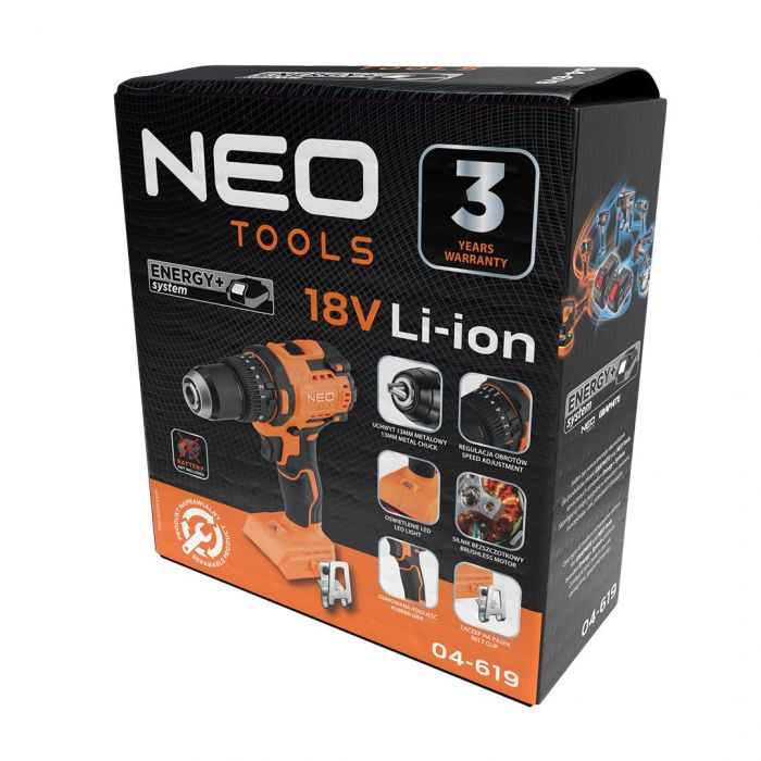 Шурупокрут-дриль акумуляторний Neo Tools Energy+ 18В безщітковий 95Нм 0-320·0-1700об·хв 1.2кг без АКБ та ЗП