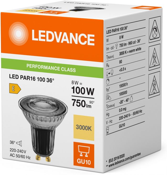 Лампа LEDVANCE GU10 8Вт 3000K 750Лм MR16 димується