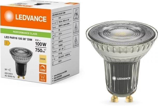 Лампа LEDVANCE GU10 8Вт 3000K 750Лм MR16 димується