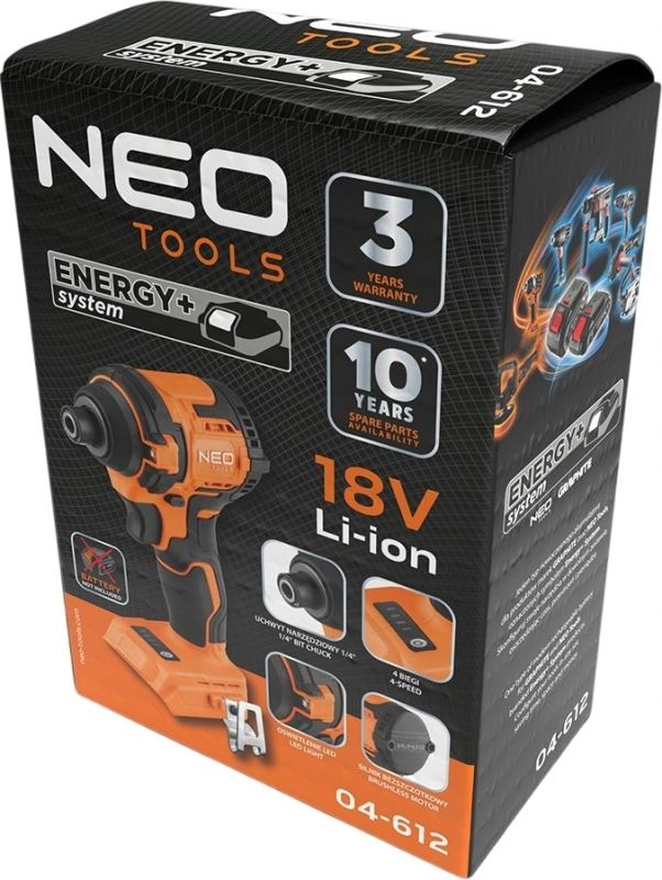 Гайковерт ударний Neo Tools Energy+ 18В безщітковий 3600об·хв 300Нм 1/4" 4 швидкості 0.85кг без АКБ та ЗП