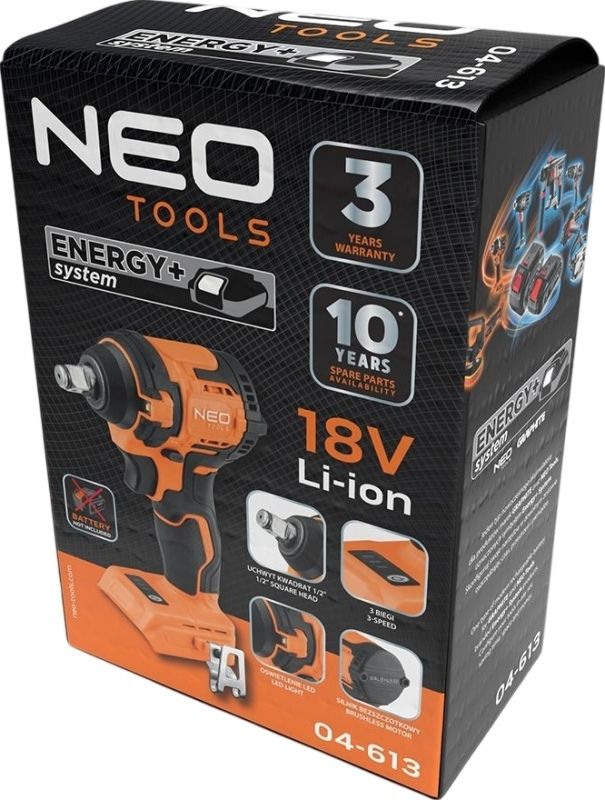 Гайковерт ударний Neo Tools Energy+ 18В безщітковий 2500об·хв 350Нм 1/2" 3 швидкості 1.1кг без АКБ та ЗП
