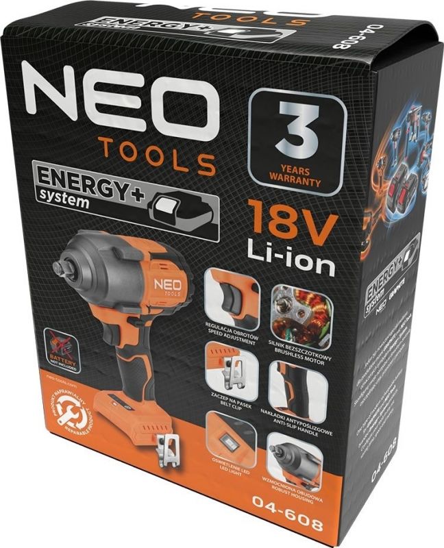 Гайковерт ударний Neo Tools Energy+ 18В безщітковий 2400об·хв 850Нм 1/2" 3 швидкості 1.8кг без АКБ та ЗП