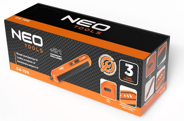 Викрутка акумуляторна Neo Tools 4В1Х1.5А·год 4.5Нм 230об·хв 20 біт кейс 0.23кг