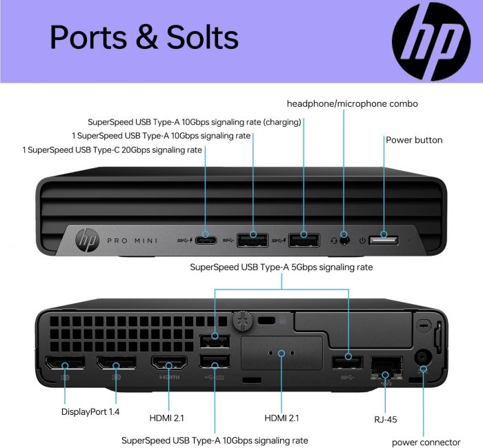Комп'ютер персональний неттоп HP Pro 400-G9 Mini, Intel i3-13100T, 8GB, F512GB, UMA, WiFi, кл+м, 3р, Win11P
