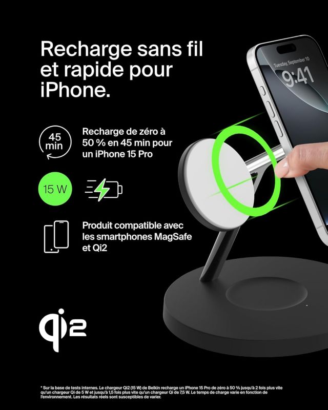 Зарядний пристрій бездротовий Belkin 3в1 Magnetic Pad Qi2 15Вт, чорний