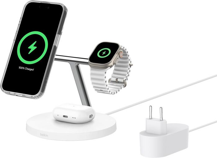 Зарядний пристрій бездротовий Belkin 3в1 Magnetic Pad Qi2 15Вт, білий