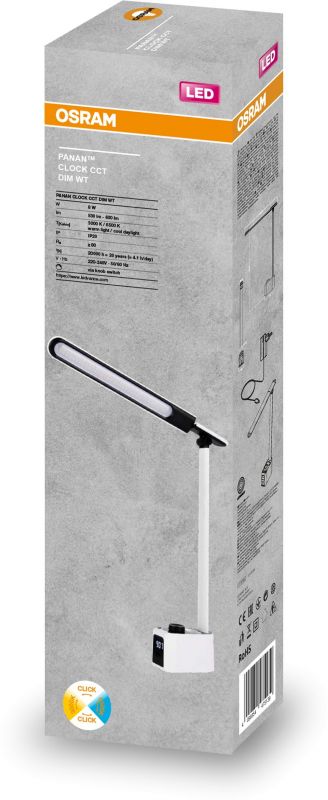Лампа настільна OSRAM Panan Clock 8Вт 3000К 4000К 6500К 2USB з димером, білий