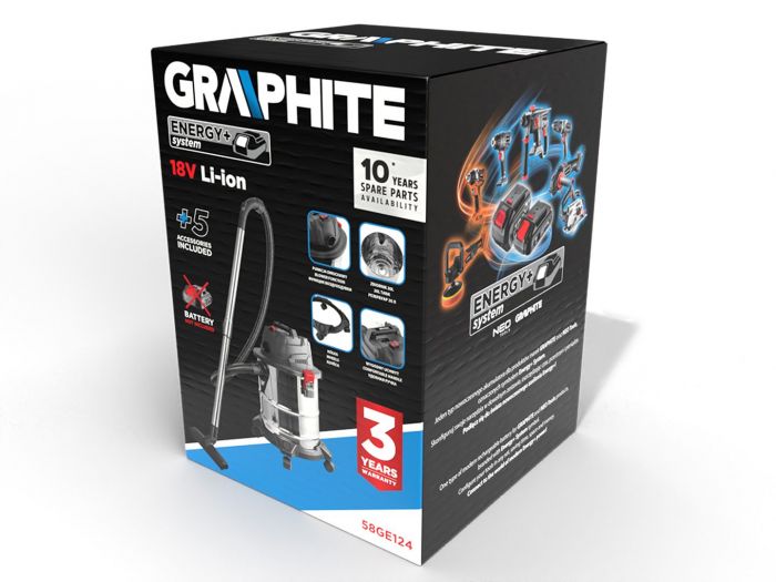 Пилосос професійний акумуляторний GRAPHITE Energy+ 18В, контейнер 20л, 4.03кг, без АКБ та ЗП
