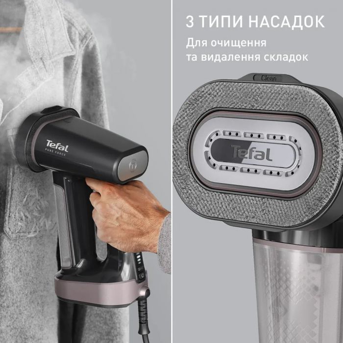 Відпарювач Tefal компактний Pure Force 3в1, 1800Вт, 180мл, постійна пара - 35гр, керам. підошва, чорно-рожевий