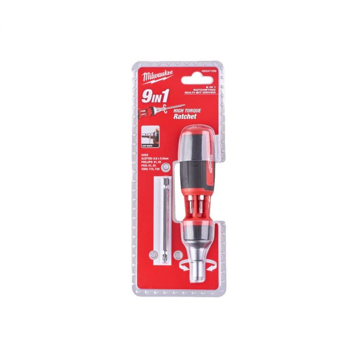 Викрутка Milwaukee з тріскачкою, 7 насадок, руків'я двокомпонентне, (PH1, PH2, PZ1, PZ2, Torx15, Torx20, SL5.5), 152мм, сталь CrV