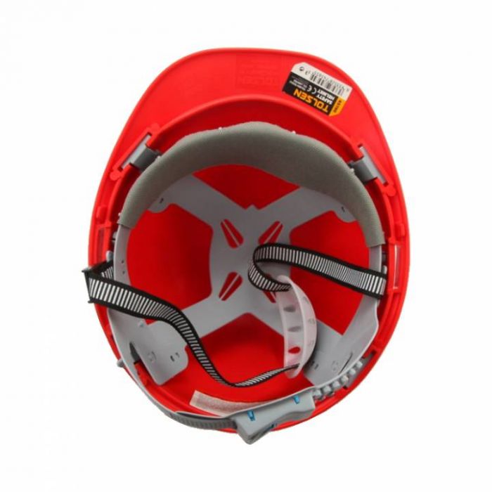Каска захисна Tolsen, пластик поліпропілен РР, пряжка для регулювання, навушники, червоний
