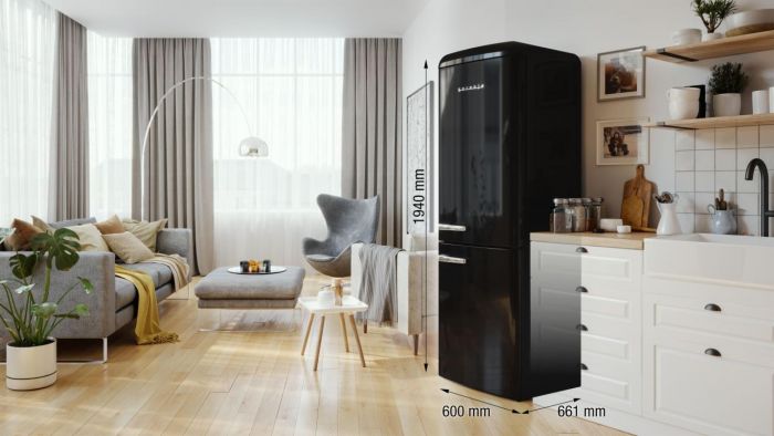 Холодильник з нижн. мороз. камерою Gorenje, 194x66x60см, 2 двері, 204(96)л, А++, Retro, NoFrost+, Внутр. Диспл, Зона св-ті, чорний