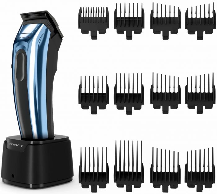 Машинка для стрижки Rowenta Barber Experience, для голови, мережа+акум., роторний мотор DC, насадок-12, нержавіюча сталь з покриттям DLC, синій