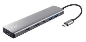 Адаптер Trust Dalyx 7in1 USB-C> 2xUSB-А 3.2/2xUSB-С/2xHDMI/Display Port, Алюміній, 0.16м, Сірий