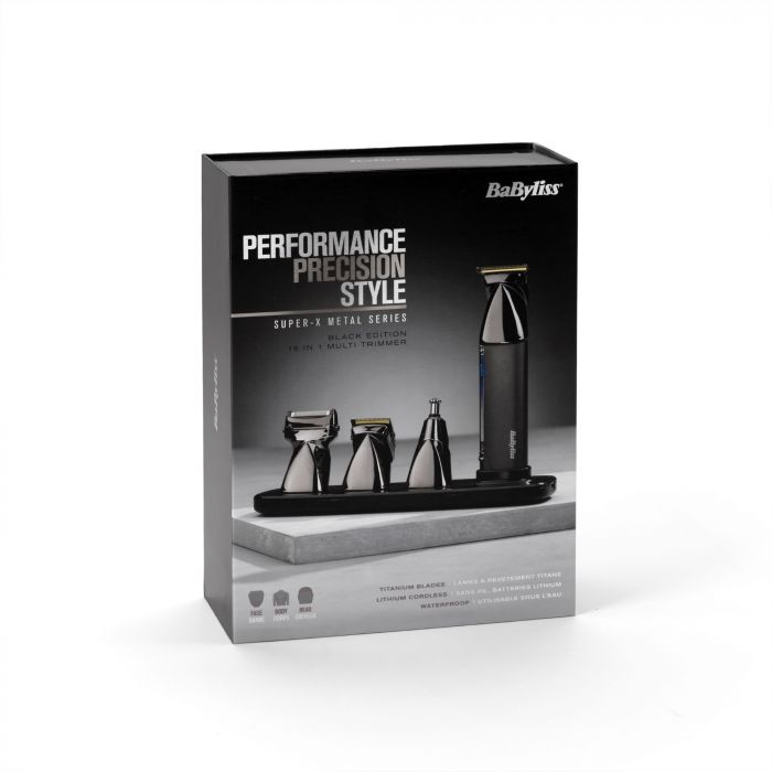 Набір для стрижки Babyliss Super-X Metal Black Edition, для голови, вусів, бороди,носа і тіла, акум., насадок-15, сумка для зберігання, підставка, сталь, чорний