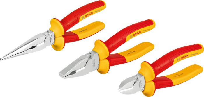Набір шарнірно-губцевого інструменту Bosch Professional, набір 3 шт, (комбіновані плоскогубці, діагональний бокоріз, плоскогубці з довгим носом), VDE