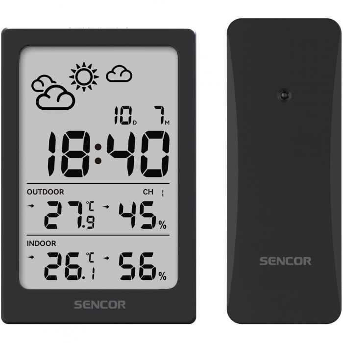 Метеостанція Sencor, внутр/зовн вимірювання, AAAx2+AAx2, темп-ра, вологість, час, чорний