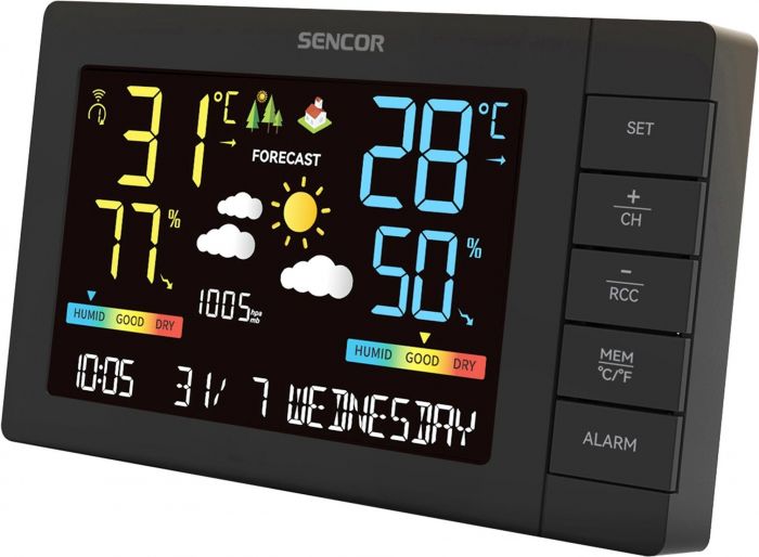 Метеостанція Sencor, внутр/зовн вимірювання, від мережі/AAx3+AAx2, темп-ра, вологість, час, прогноз погоди, атмосферний тиск, чорний
