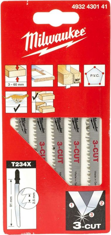 Полотно пиляльне для електролобзика Milwaukee T234X 3CUT по дереву, крок зуба 2.5ммх91мм, 5шт