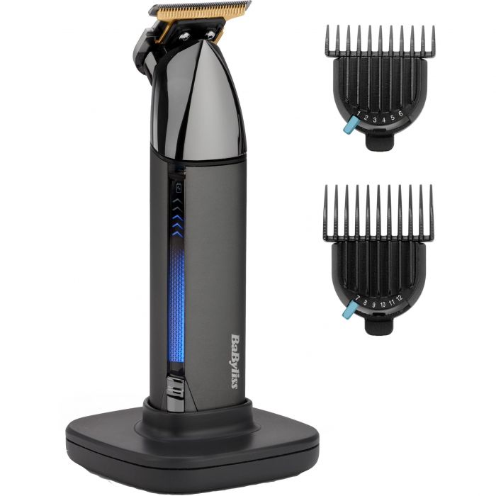 Тример Babyliss Super-X Metal Black Edition, для вусів та бороди, акум., насадок-2, кейс, підставка, сталь, чорно-сірий