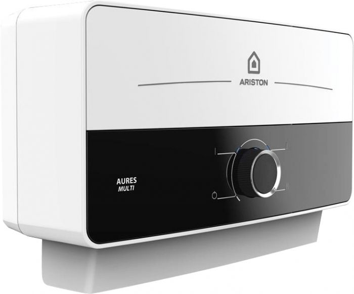 Водонагрівач електр. Ariston проточний AURES SM 7.7, 4,4л.хв, 7,7кВт, горизонтальний монтаж, мех. кер-ння, A, В'єтнам, біло-чорний