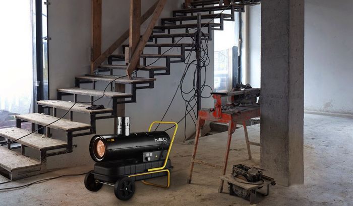 Теплова гармата дизельна Neo Tools, прямого нагріву, 20кВт, 200м2, 600м3/год, колеса, чорний, 21.30кг
