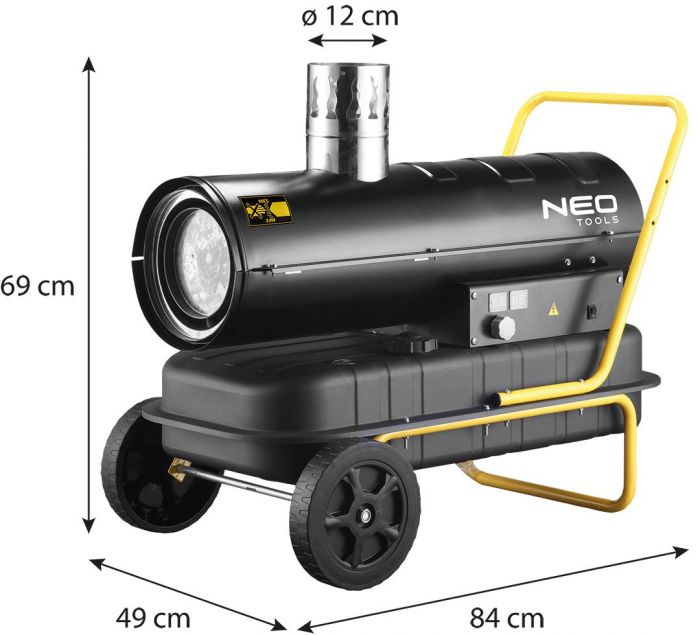 Теплова гармата дизельна Neo Tools, прямого нагріву, 20кВт, 200м2, 600м3/год, колеса, чорний, 21.30кг