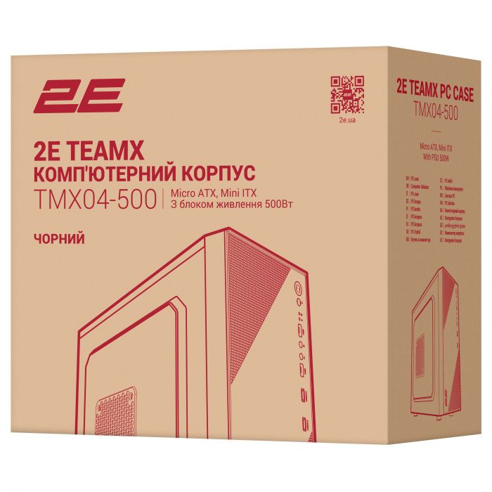Корпус 2E TeamX TMX04 з БЖ 2E ATX500W, 2xUSB3.0, 1x80мм, VGA 220мм, mATX, чорний