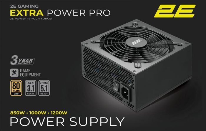 Блок живлення 2E GAMING Extra Power Pro ATX3.1 GEN5.0  (1000W), >90%, 80+ Gold, 140мм, 1xMB 24pin(20+4), 2xCPU 8pin(4+4), 3xMolex, 6xSATA, 4xPCIe 8pin(6+2), 1xPCIe GEN5 16pin, Full Modular