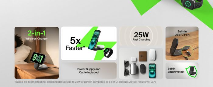 Зарядний пристрій бездротовий Belkin UltraCharge 2в1 Foldable Magnetic Charging 25Вт, чорний