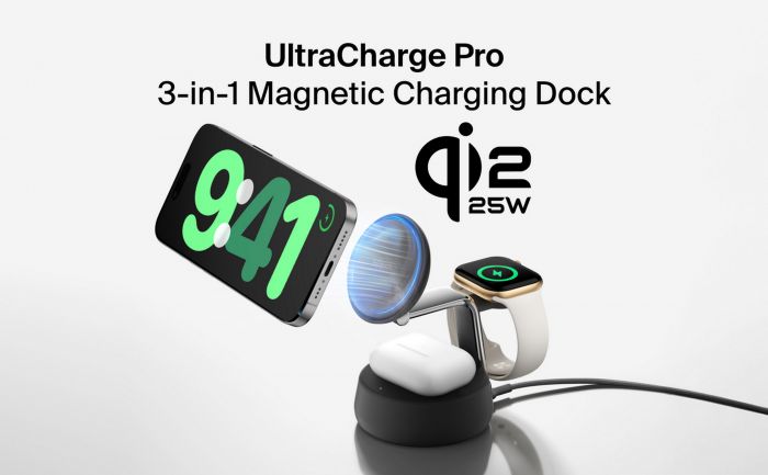 Зарядний пристрій бездротовий Belkin UltraCharge Pro 3-in-1 Magnetic Charging Dock 25Вт, Charcoal