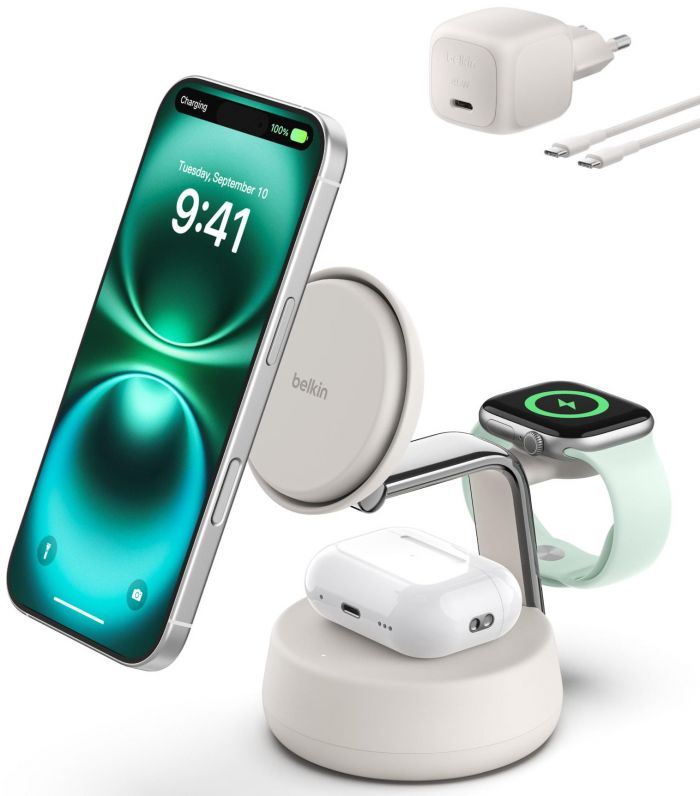 Зарядний пристрій бездротовий Belkin UltraCharge Pro 3в1 Magnetic Charging Dock 25Вт, Sand