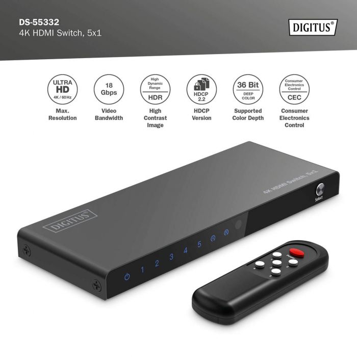 Відеокомутатор DIGITUS UHD HDMI (INx5 - OUTx1), 4K