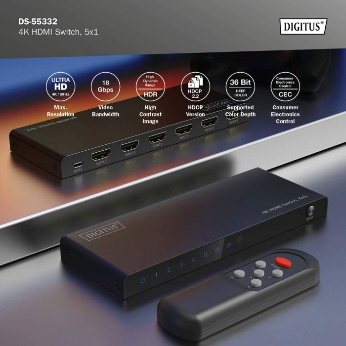 Відеокомутатор DIGITUS UHD HDMI (INx5 - OUTx1), 4K