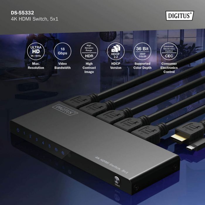 Відеокомутатор DIGITUS UHD HDMI (INx5 - OUTx1), 4K