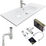 Набір для ванної кімнати, раковина, умивальник Adamant FLATE 100, штучний камінь, прямокут., з сифоном Click-Clack + змішувач