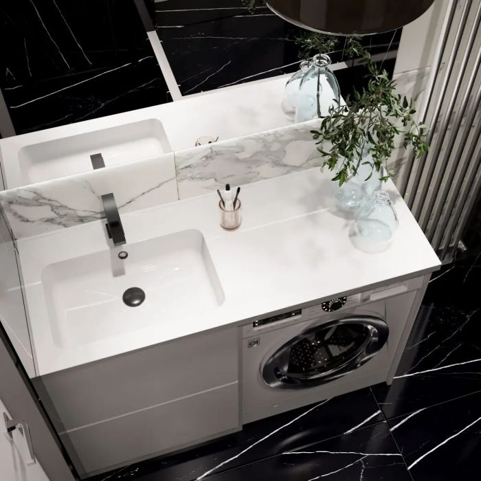 Набір для ванної кімнати, раковина, умивальник Adamant FLATE 120L, штучний камінь, прямокут., з сифоном Click-Clack + змішувач