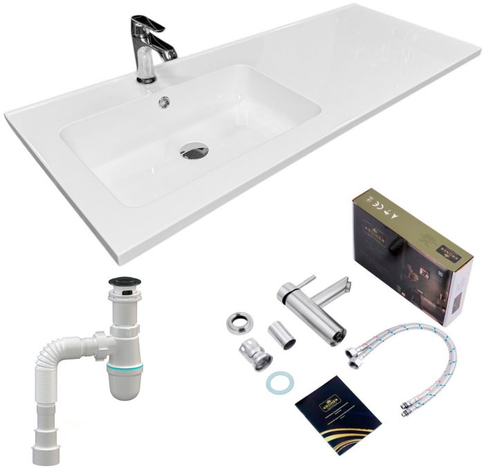 Набір для ванної кімнати, раковина, умивальник Adamant FLATE 120L, штучний камінь, прямокут., з сифоном Click-Clack + змішувач