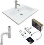 Набір для ванної кімнати, раковина, умивальник Adamant FLATE 60, штучний камінь, прямокут., з сифоном Click-Clack + змішувач