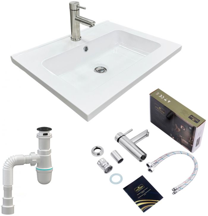 Набір для ванної кімнати, раковина, умивальник Adamant FLATE 60, штучний камінь, прямокут., з сифоном Click-Clack + змішувач