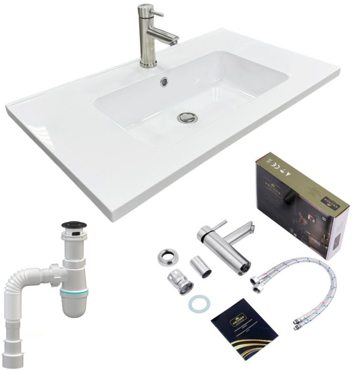 Набір для ванної кімнати, раковина, умивальник Adamant FLATE 80, штучний камінь, прямокут., з сифоном Click-Clack + змішувач