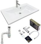 Набір для ванної кімнати, раковина, умивальник Adamant QUANTO 80, штучний камінь, прямокут., з сифоном Click-Clack + змішувач